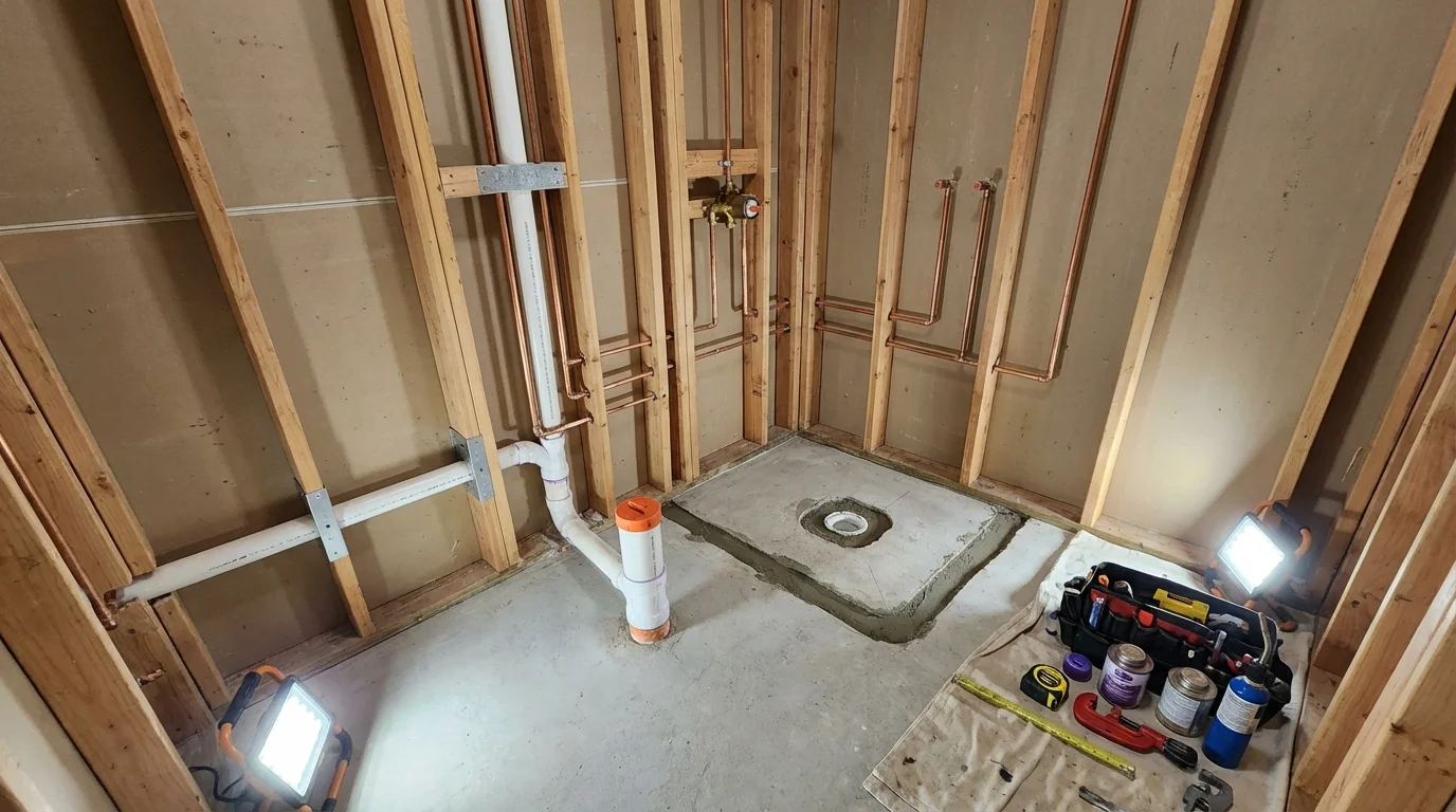 Bathroom rough-in plumbing during remodel by Johns Plumbing LLC in American Falls