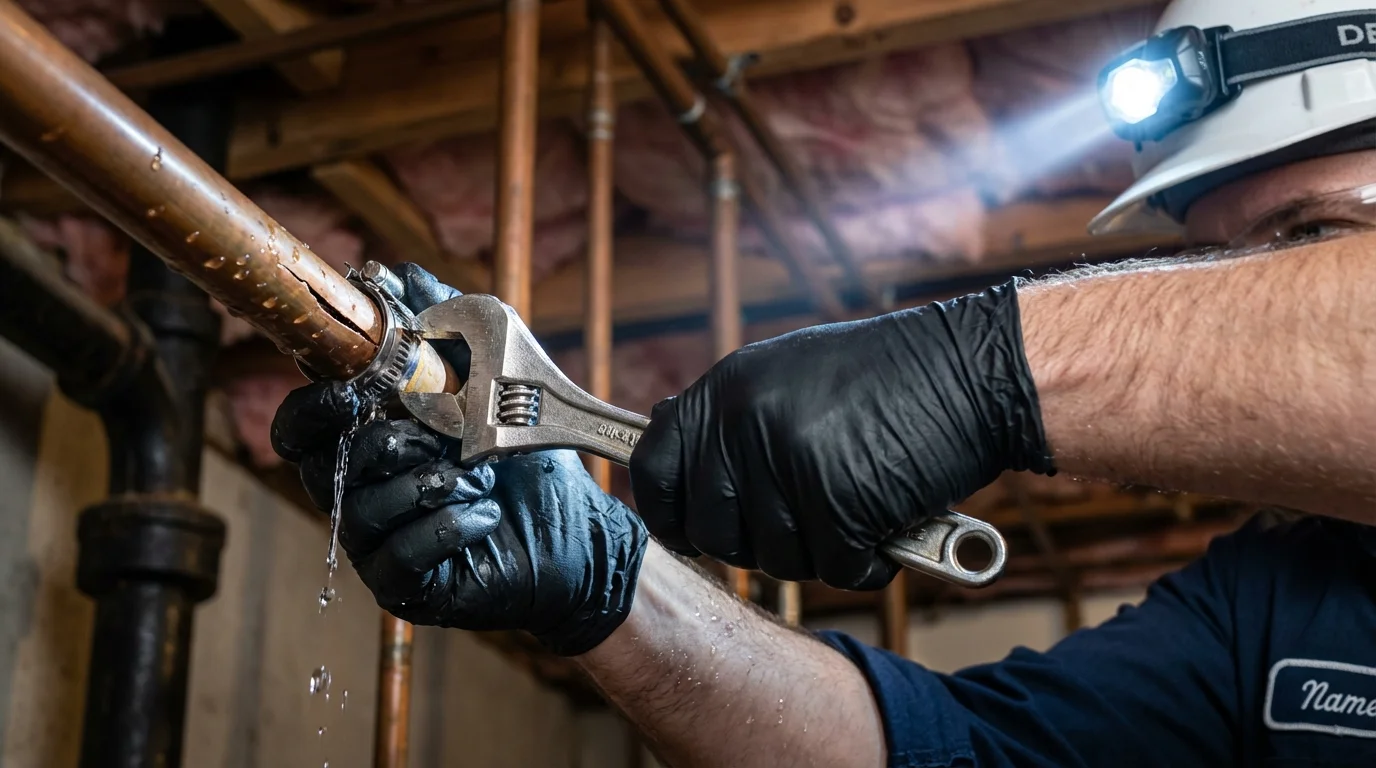 Emergency pipe clamp repair being performed by a Johns Plumbing LLC plumber in American Falls